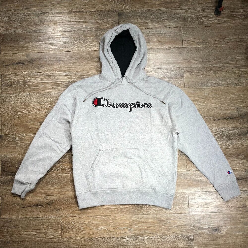 Champion Men's Medium Long Sleeve Hood Sweatshirt Hoodie Heavy Script Logo Gray